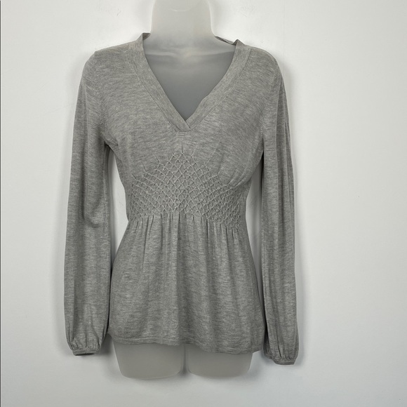 White House Black Market Tops - White House Black Market Silk Cashmere Gray Babydoll Smocked Women L V Neck Top